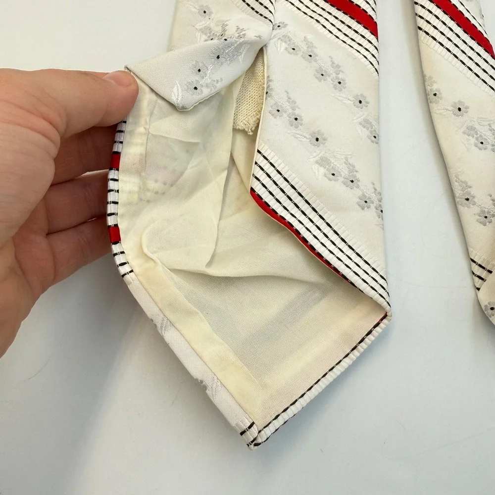 Vintage White Red Black Striped Floral Embroidered‎ Wide Men's Necktie Retro MCM